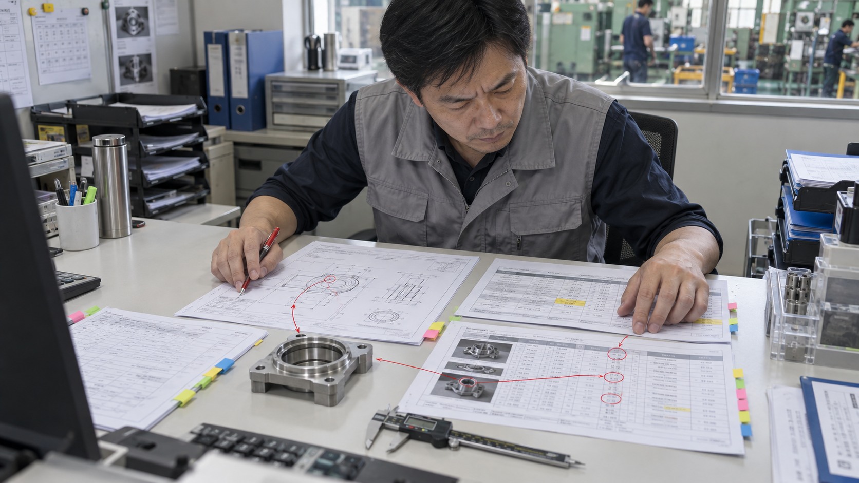 工程人員把 CAD 圖、BOM、檢驗資料與實際零件放在一起，核對數字背後的品質語境