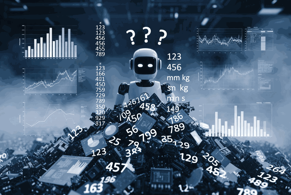 AI 面對大量數字與圖表但缺少品質語境的示意圖