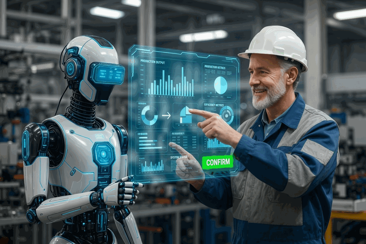現場主管與 AI 一起確認品質資料判讀結果的示意圖