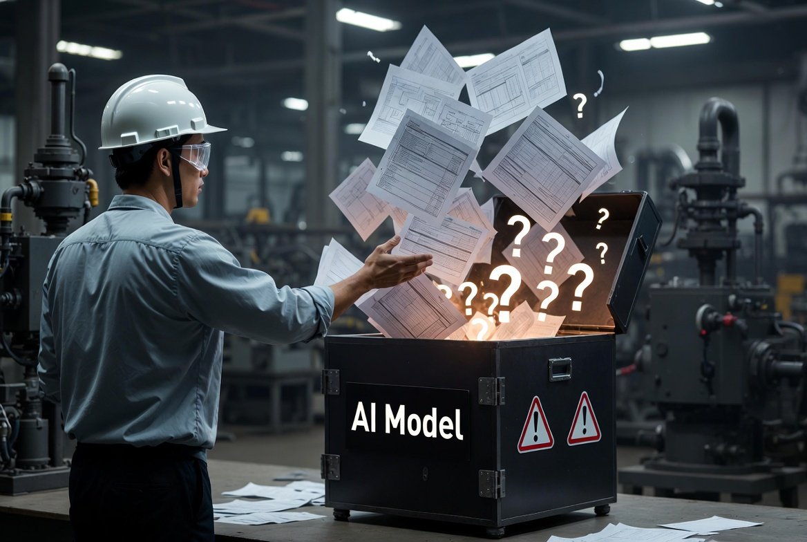現場人員把 CAD 圖、報表與檢驗記錄直接丟進一個標示 AI Model 的黑箱，箱中冒出問號與警示，象徵把 AI 導入誤解成丟資料讓模型回答的示意圖