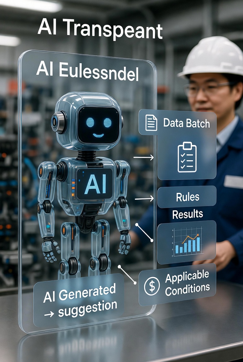 透明化的 AI 建議：每一條 AI 生成的建議都標示引用了哪一批資料、哪一條規則、哪一段結果，以及適用條件的示意圖