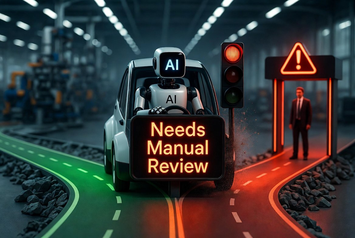 AI 行駛到分岔路口：綠色路徑代表可自動處理，紅色路徑亮起 Needs Manual Review 與警示交由人員接手，象徵系統必須知道何時不該自動判斷的示意圖