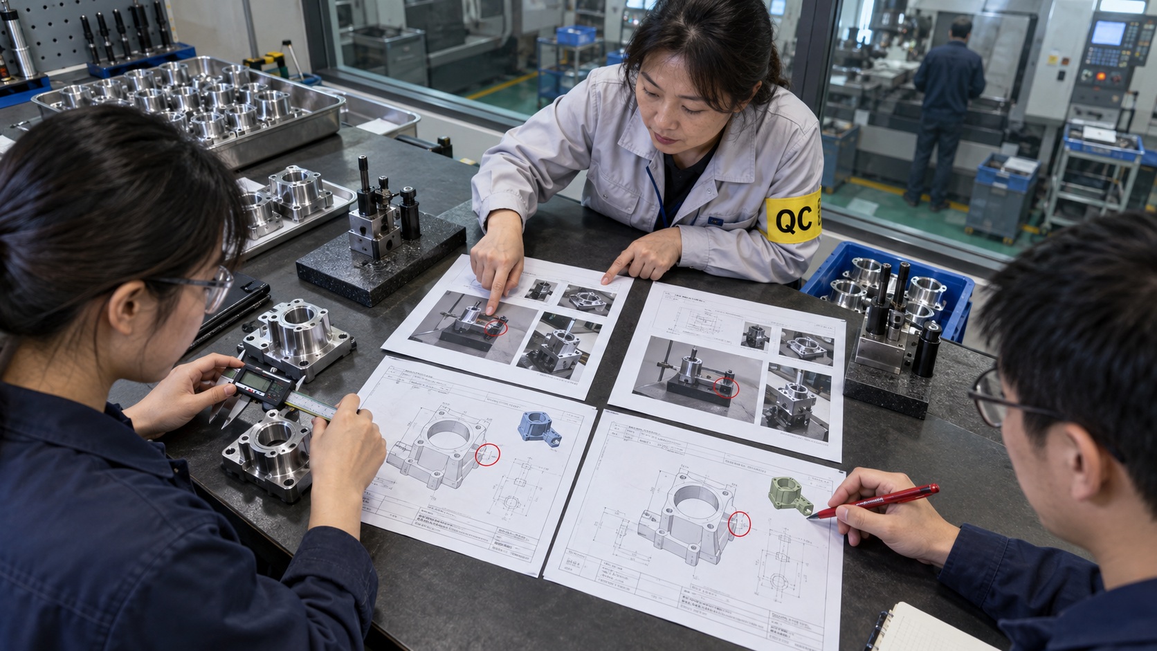 工程人員對照圖面、量測結果與檢驗表，確認尺寸數字的量具、位置和版本條件