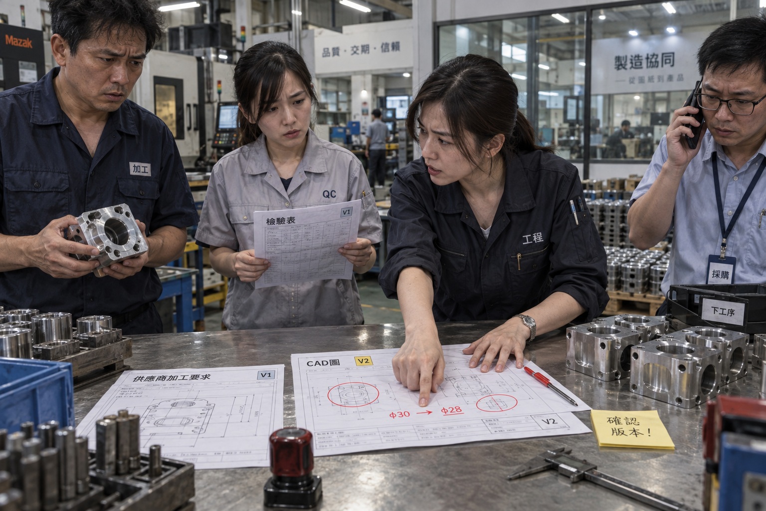 圖面更新到新版（V2.3），但檢驗規則、量測計畫、供應商要求與交付證據仍停在舊版（V1.8），造成版本不一致的品質與供應鏈風險示意圖