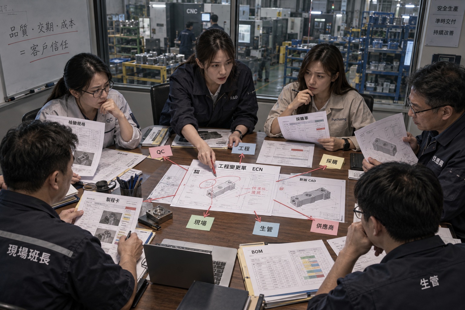 以 ECN／ECR 事件為核心，連動 CAD 更新、QC 檢驗規則、採購要求、製造製程與供應商交付的關係圖