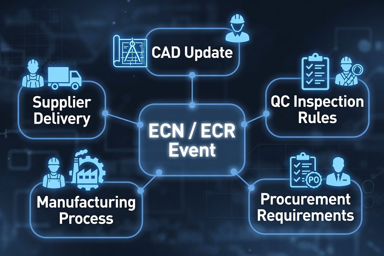 以 ECN／ECR 事件為核心，連動 CAD 更新、QC 檢驗規則、採購要求、製造製程與供應商交付的關係圖
