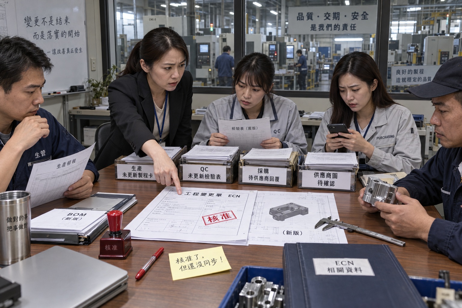 ECN 核准完成的文件雖已打勾，工程、品質、採購、製造與供應商仍亮起警示燈，提醒變更後各活動尚未完成同步的示意圖