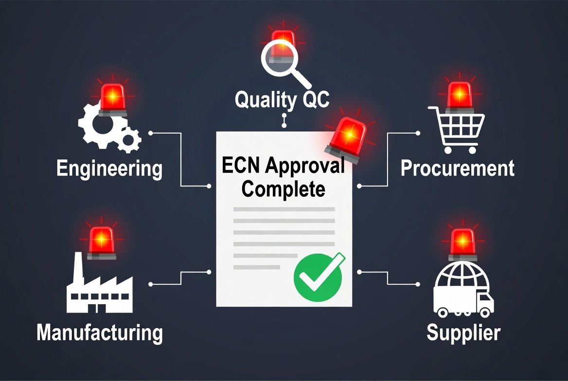 ECN 核准完成的文件雖已打勾，工程、品質、採購、製造與供應商仍亮起警示燈，提醒變更後各活動尚未完成同步的示意圖