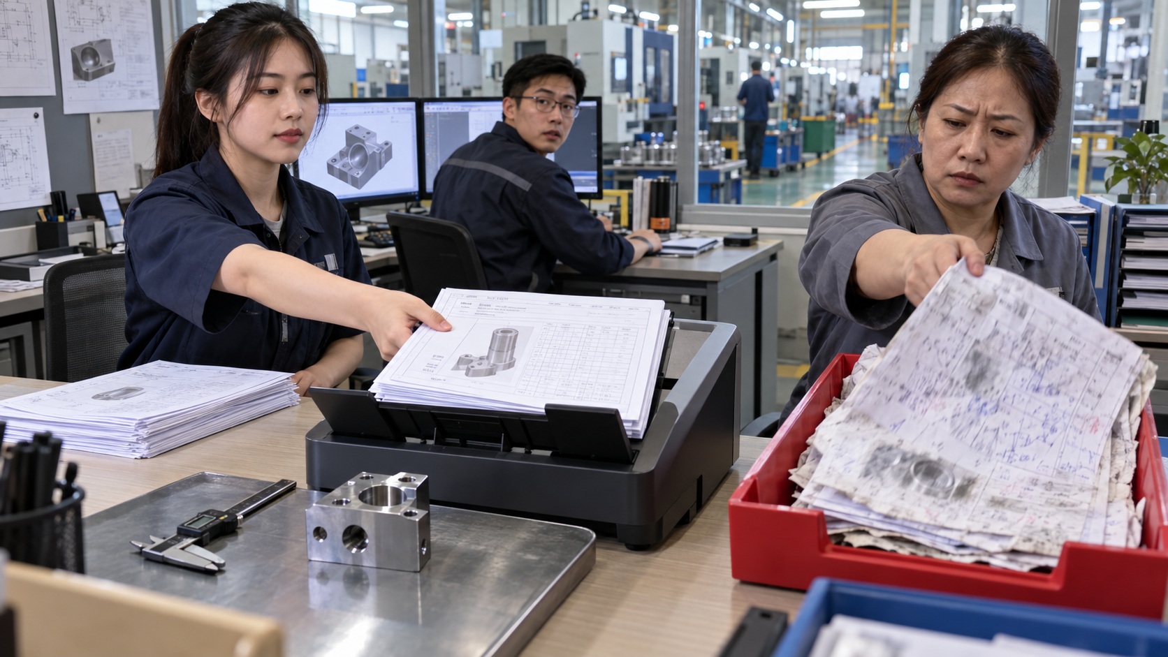 工程與品管人員把圖面、表單與實際零件放在一起，區分可自動處理和需要人工確認的資料