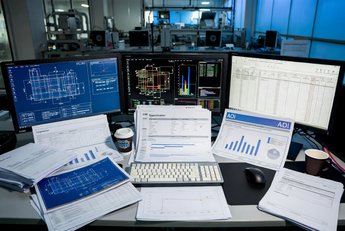 CAD 圖面、檢驗文件、AOI 報告與 Excel 統計表同時堆在品質工作站，呈現製造業品質資料多但脈絡分散的情境