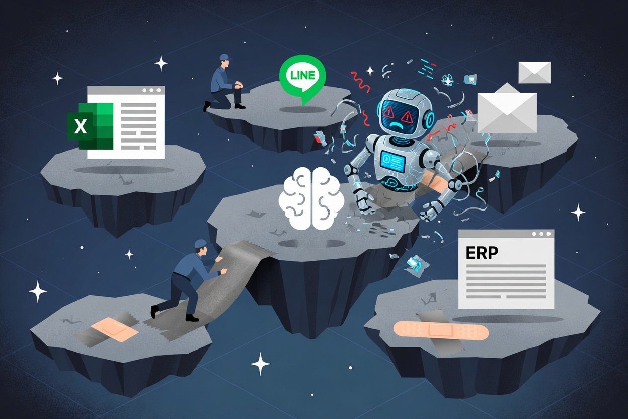 資料分散在 Excel、LINE、電子郵件、ERP 與個人記憶之間，管理只能靠人工補洞的示意圖