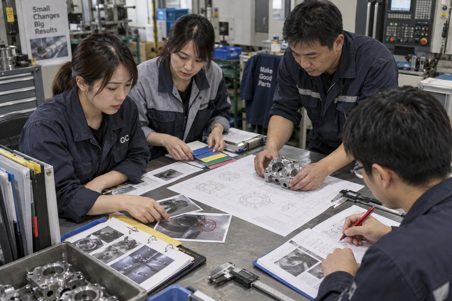 製造現場把 CAD 圖、文件、量測結果和零件放在一起整理，讓工作經驗可以被下一次使用