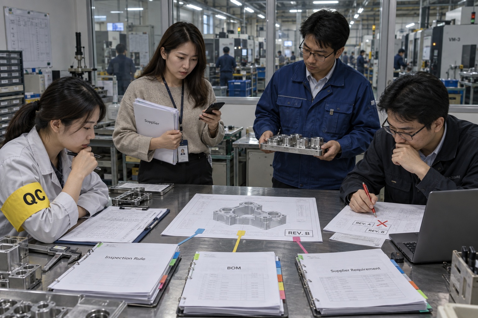 工程、品管與採購人員共同確認圖面、檢驗資料和版本，讓不同部門使用同一份工作脈絡