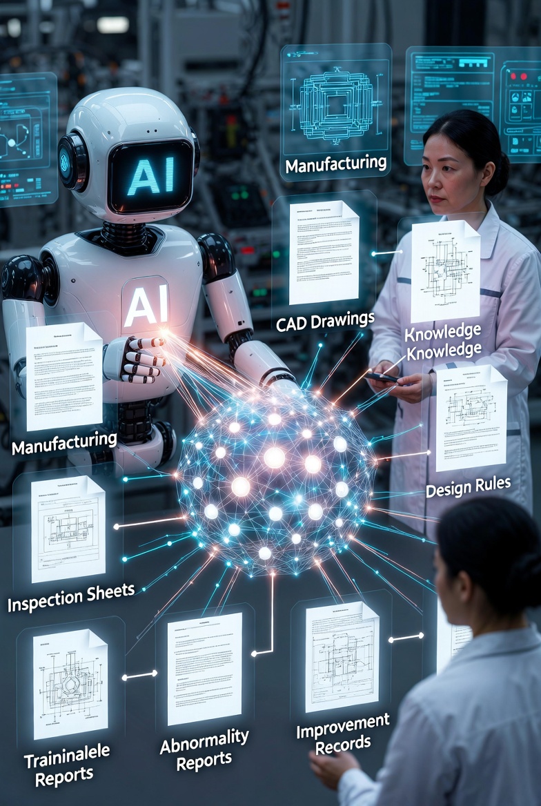 AI 把散落在 CAD 圖面、檢驗表、異常單、培訓教材、設計規則與改善紀錄裡的線索，連結整理成一張知識網絡的示意圖